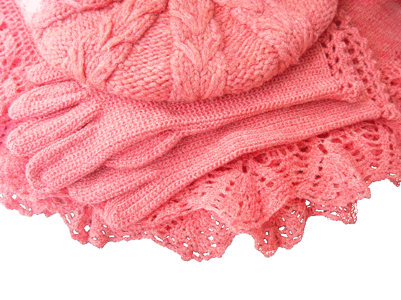 Pink beret, shawl, gloves