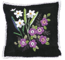 Cushion cover with violets and daffodils, ribbons