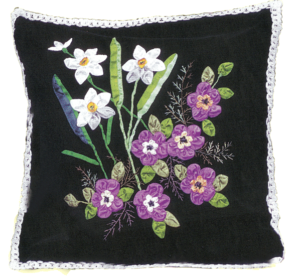 Cushion cover with violets and daffodils